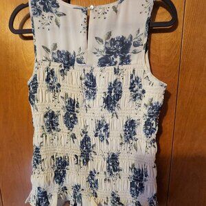 Maurices ruched style, sleeveless top. Cream with blue floral print